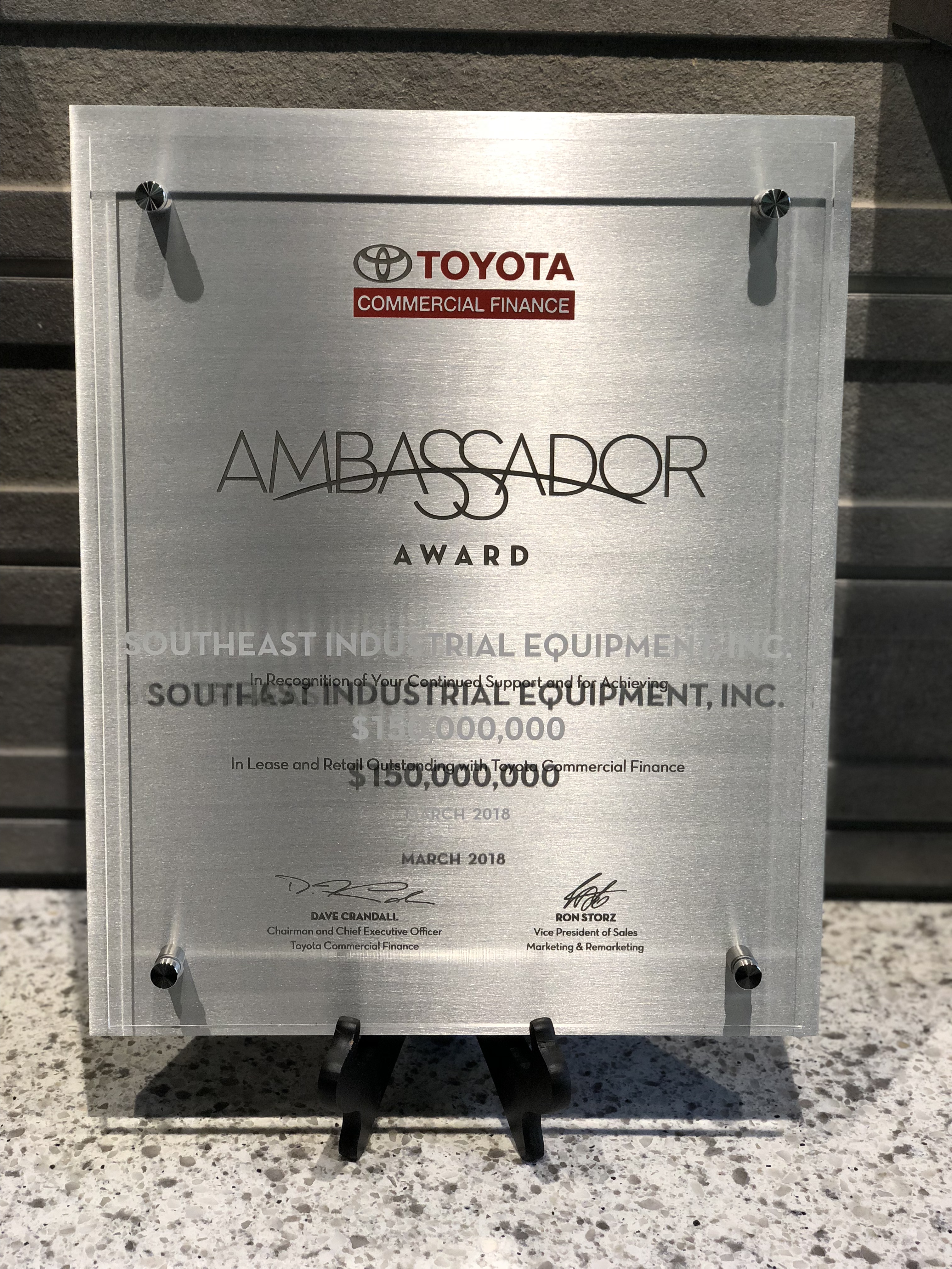 Toyota Commercial Finance Ambassador Award Won by Southeast Industrial Equipment