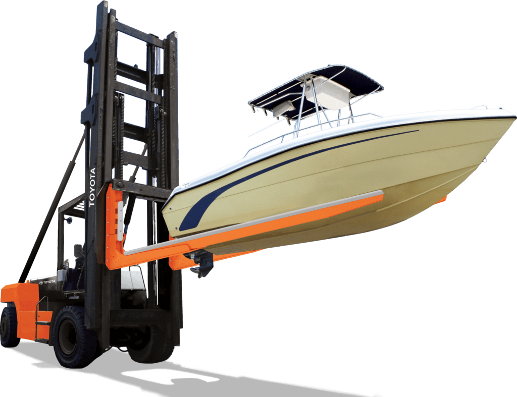 High Capacity Marina Forklift Lifting a Boat